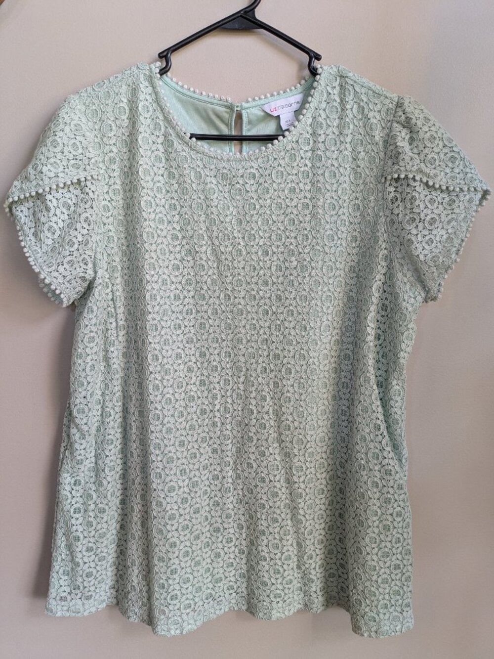 liz clairborne light green short sleeve top embroidered lace size XLT #702